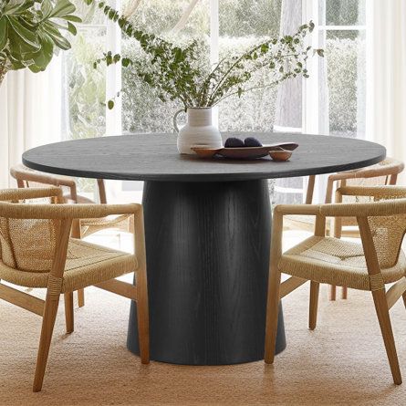 Circle Kitchen Table Black, Black Round Table And Chairs, Black Dining Table With Wood Chairs, Modern Organic Round Dining Table, Black Round Dining Table Decor Ideas, Black Table Wood Chairs, Black Circle Table, Black Dining Table Styling, Round Black Kitchen Table