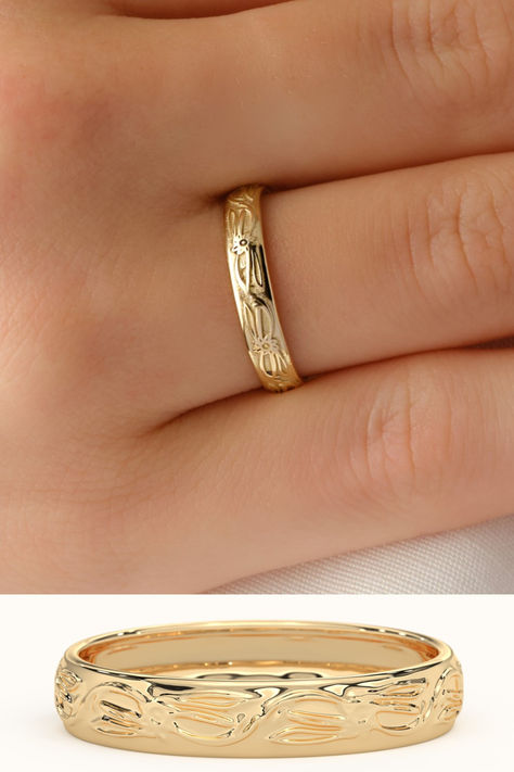 Floral Pattern Ring 14K Gold Wedding Band Nature Inspired Filigree Wedding Ring Solid Gold Unisex Wedding Gold Band for Men and Women Gift Gold Band For Men, Filigree Wedding Ring, 14k Gold Wedding Band, Wedding Gold, Pattern Ring, Gold Wedding Band, Gold Band, Gold Wedding, Gold Bands