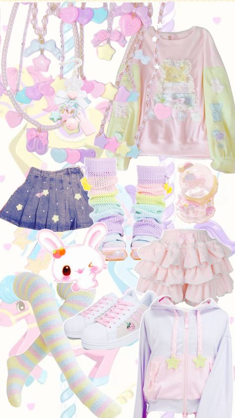 nostalgic, pastel, colorful ✨ Pastel Girly Outfits, Pastel Decora Aesthetic, Pastel Scene Outfits, Pastel Fashion Outfits, Pastel Kidcore Outfits, Pastel Cute Outfits, Fairy Kei Outfit, Soft Pastel Outfits, Decora Outfits