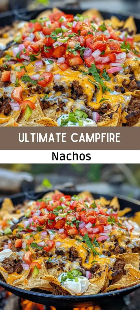 Ultimate Campfire Nachos Recipe - Outdoor Delight British Dessert Recipes, Campfire Nachos, Camping Recipes Dinner, Easy Campfire Meals, Campfire Meals, Campfire Snacks, Campfire Dinners, Outdoor Cooking Recipes, Camping Menu