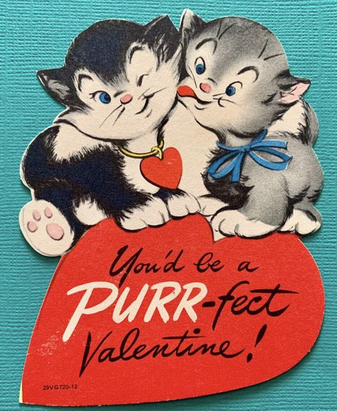 1950s Vintage Valentines Day Card One Kitty Cat Licks the Other Purr-fect Valentine Valentines Disney, Kitten Valentine, Vintage Valentine Crafts, Vintage Valentines Day, Kittens Vintage, Valentine Poster, Cards Valentines, Valentine Images, Disney Valentines