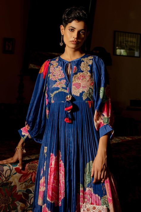 Buy Paulmi and Harsh Blue Crepe Blooming Floral Pattern Dress Online | Aza Fashions Paulmi And Harsh, Silk Drape Dress, Big Floral, Floral Pattern Dress, Linen Shirt Dress, Stylish Dresses For Girls, Cowrie Shell, Draped Dress, Maxi Dress Blue