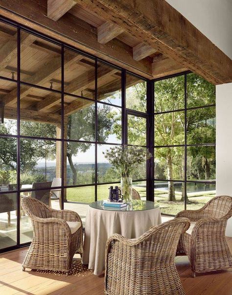 Beautiful Houses With Verandas, Arkansas Interior Design, Transitional Modern Farmhouse Exterior, Breakfast Sunroom, Windows Seating, Backyard Steps, House Sunroom, Window Walls, Ceiling Color