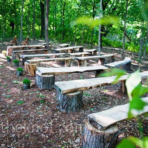 My camping area - bonfire area. Easy solution to seating problem....Rustic wooden benches for outdoor  seating... Wedding Bench, Rustic Wooden Bench, Wooden Benches, Deco Champetre, Tree Stumps, Enchanted Forest Wedding, Ceremony Seating, Camping Area, Tree Stump