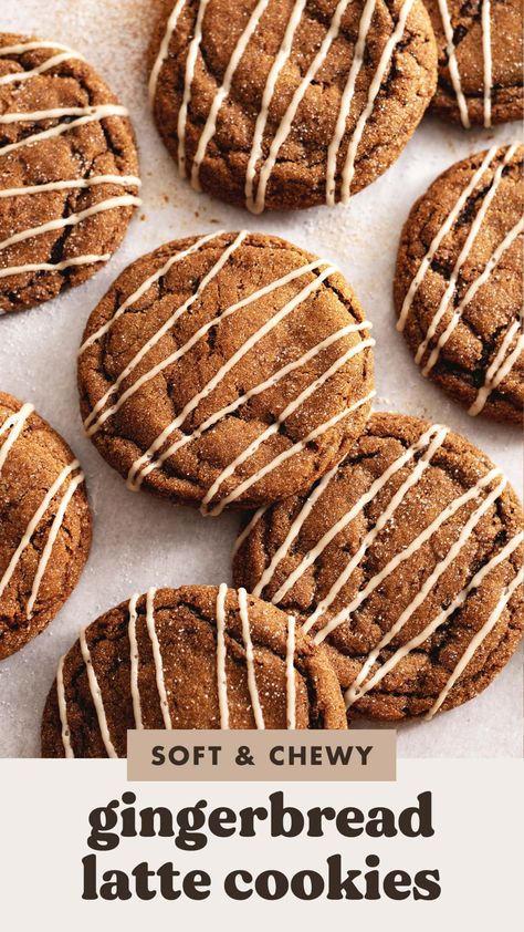 These gingerbread latte cookies are incredibly soft and chewy with a crunchy sugar coating and a drizzle of icing. They are full of spiced gingerbread and espresso flavour to elevate these classic holiday cookies! #gingerbread #cookies #holidaybaking | teakandthyme.com Gingerbread Latte Cookies, Gingerbread Sandwich Cookies, Coffee Flavored Cookies, Chewy Gingerbread Cookies, Soft Gingerbread Cookies, Cookies Gingerbread, Blossom Cookies, Gingerbread Latte, Chewy Sugar Cookies