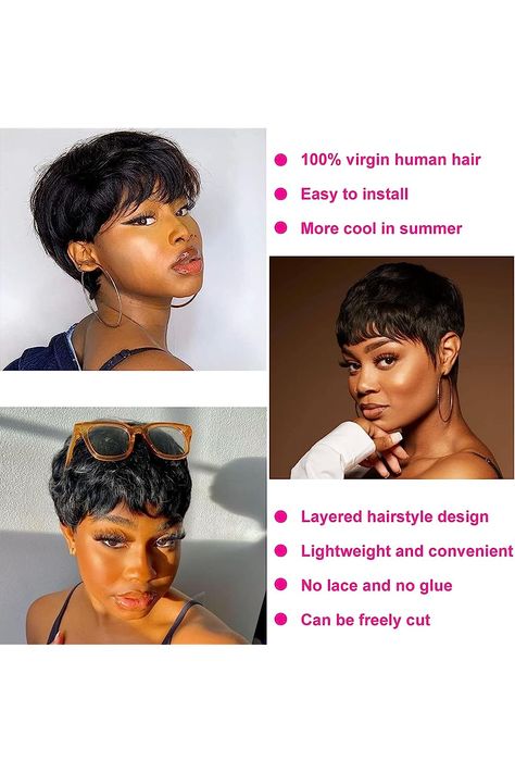 Short Pixie Cut Wigs for Black Women Human Hair Short Layered Hairstyles For Round Face Short Wigs with Bangs Cheap None Lace Front Wigs (#2 Color) Best Wigs For Round Face Black Women, Hairstyles For Round Face, Short Layered Hairstyles, Pixie Cut Round Face, Short Pixie Cut Wigs, Pixie Wigs, Pixie Cut Wigs, Layered Hairstyles, Short Sassy Hair