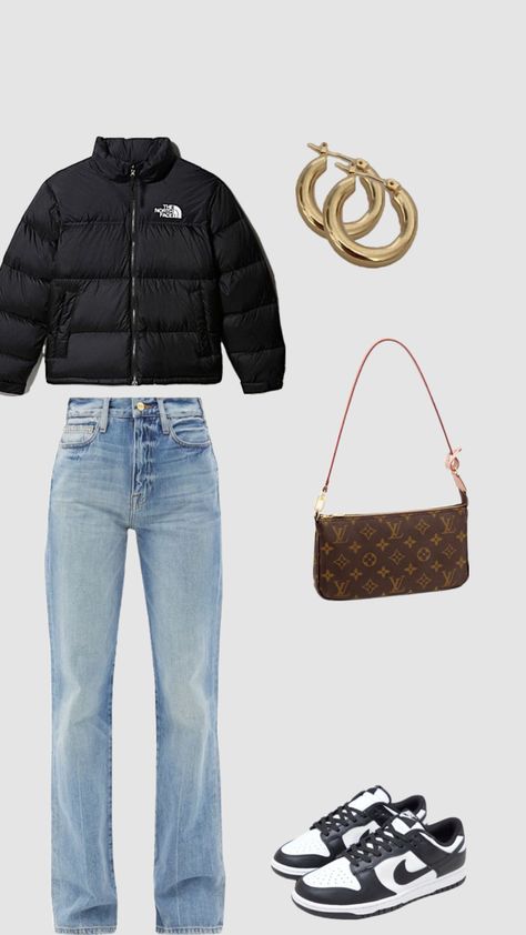 North Face Puffer Jacket Outfit, Dunk Outfits, Gold Earrings Hoops, Panda Dunks, Puffer Outfit, Dunks Outfit, Straight Blue Jeans, North Face Outfits, Puffer Jacket Outfit