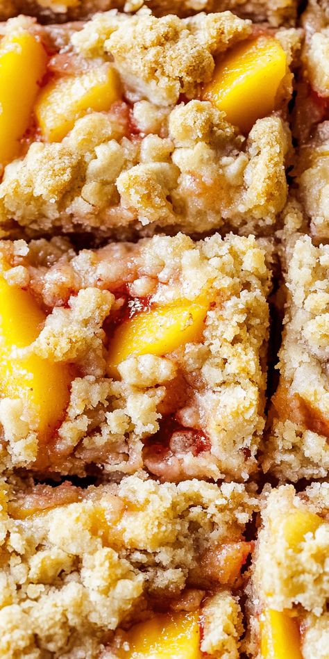 Peach Crumble Bars Fresh Peach Crumb Bars, Apricot Crumble Bars, Peach Crumble Bars, Peach Filling, Peach Dessert, Peach Crumble, Peach Recipes, Comfort Desserts, Buttery Shortbread