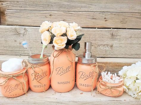 Etsy Mason Jar Bathroom Decor, Peach Bathroom Set, Painted Mason Jar Bathroom Set, Bathroom Set, Bathroom #ad Seafoam Bathroom, Mason Jar Bathroom Decor, Peach Bathroom, Mason Jar Bathroom, Bathroom Themes, Apartment Bathroom, Painted Mason Jars, Bath Room, Bathroom Set