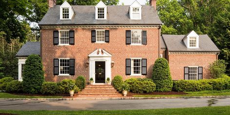 Five Ways to Update Your Brick Without Painting it White | Southern Living Updating A Brick House, Colonial Brick House Exterior Makeover, Red Brick Traditional Exterior, Updating Colonial Exterior, White Shutters On Brick House, Curb Appeal Brick House, Brick House Without Shutters, Red Brick House Shutter Colors, Red Brick Colonial House Exterior