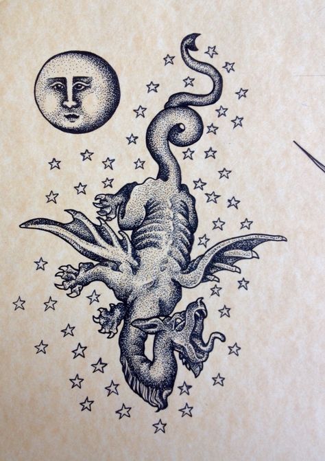 Historical Dragon Art, Medieval Moon Tattoo, Medieval Dragon Illustration, Moon Pointillism, Medieval Dragon Tattoo, Medieval Sketch, Medieval Moon, Medieval Dragons, Pagan Tattoo