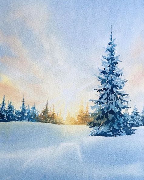 Winter Sunset Watercolor, Winter Watercolor Art, Winter Watercolor Ideas, Easy Winter Paintings For Beginners, Watercolor Christmas Paintings, Watercolor Winter Scenes, Winter Watercolor Paintings, Watercolor Christmas Card Ideas, Christmas Aquarell