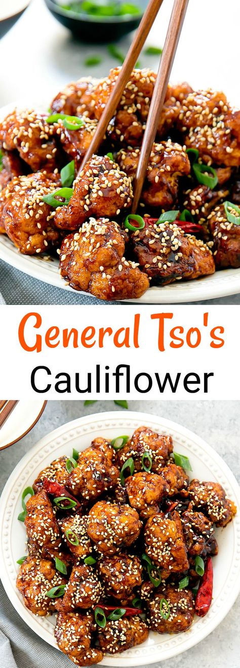 Crispy General Tso's Cauliflower. Replacing chicken with fried cauliflower for a meatless version of General Tso's chicken. General Tso Cauliflower, General Tso's Cauliflower, General Tso's Chicken, General Tso, Fried Cauliflower, Dinner Appetizers, Food Blogs, Cauliflower Recipes, Vegetarian Dishes