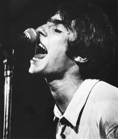 Liam Gallagher, singing. Oasis, 1994. Oasis Album, Liam Gallagher Oasis, Rock Album Covers, Liam And Noel, Oasis Band, Iconic Album Covers, Stone Roses, Noel Gallagher, Liam Gallagher