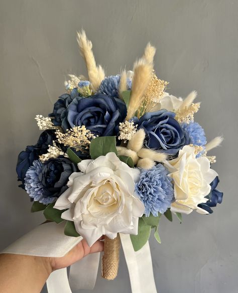 Navy Blue Gold And White Wedding Bridesmaid Bouquets, Country Wedding Bouquets, Gold Wedding Bouquets, Wedding Bridesmaid Bouquets, Prom Bouquet, Blue Gold Wedding, Gold Bouquet, Blue Wedding Bouquet, Ivory Flowers