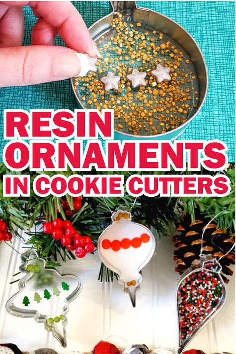 Learn how to make these metal cookie cutter resin ornaments and decorate them with sprinkles in different shapes and colors. Resin Christmas Decorations Diy, Resin And Fabric Crafts, How To Make Resin Christmas Ornaments, How To Make Resin Ornaments, Diy Christmas Resin Crafts, Uv Resin Christmas Ornaments, Resin Ideas To Sell Christmas, Epoxy Resin Ornaments, Diy Resin Ornaments Christmas