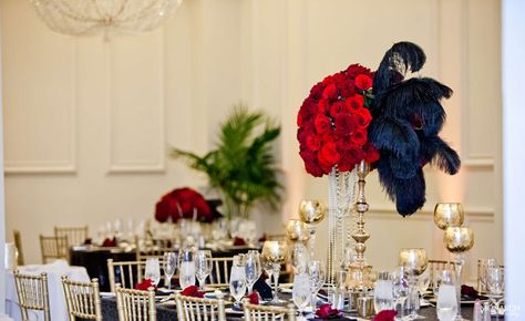 Gatsby-wedding-red-roses-black-feather-centerpiece-gold-accents-us-grant-hotel Bridesmaid Dresses Black, Gatsby Inspired Wedding, Masquerade Party Decorations, Black And Gold Wedding, Masquerade Wedding, Gold Wedding Colors, Feather Centerpieces, Red Rose Wedding, Hollywood Wedding