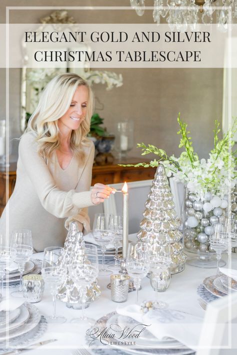 Elegant Gold and Silver Christmas Tablescape – Alicia Wood Lifestyle Wood Lifestyle, Christmas Mantles, Christmas Newsletter, White Table Settings, Beaded Bouquet, Christmas Table Centerpieces, Christmas Giveaways, Christmas Tablescape, Holiday Tablescapes