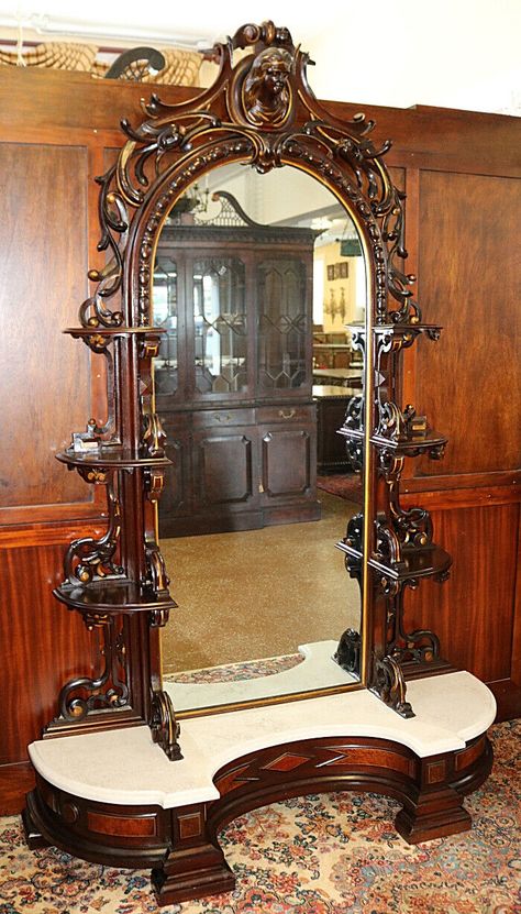 19th Century Rosewood Figural Etagere Pier Mirror Attr Mitchell & Rammelsberg Antique Pier Mirror, Slavic Furniture, Dark Academia Home, Made By Mitchell, Pier Mirror, Antique Oak Furniture, Victorian Interior Design, Weird Furniture, Old Mirrors