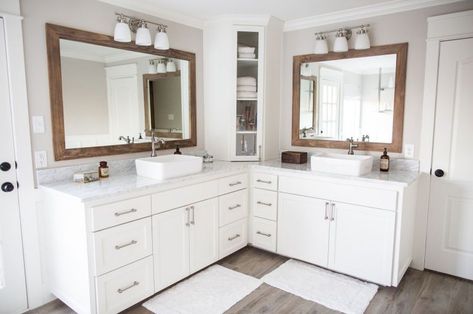 L-Shaped Bathroom Vanity Ideas: Bathroom Decor and Design | Hunker Small Master Bath With Double Vanity, L Shaped Primary Bathroom, Corner Vanity Bathroom Double Sinks, Double Sink Corner Bathroom Vanity, Bathroom L Shaped Vanity, L Shaped Master Vanity, L Shaped Master Bath Vanity, L Shape Bathroom Layout, L Shape Bathroom Vanity Master Bath