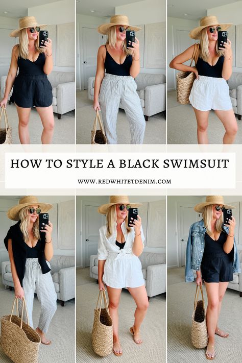 HOW TO STYLE A CLASSIC BLACK ONE PIECE SWIMSUIT - Red White & Denim Black Bathing Suit Outfit, Red Swimsuit Outfit, Black Swimsuit Outfit, One Piece Swimsuit Outfit, Body And Style, Casual Beach Outfit, Black One Piece Bathing Suit, Bathing Suit Outfits, Mom Swimsuit