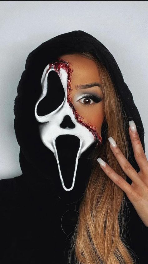 Halloween Makeup Ideas Creative Scary, Half Glam Half Scary Makeup, Scary Movie Makeup Ideas, Cereal Killer Makeup, Scream Face Makeup, Half Scary Half Pretty Makeup, Halloween Makeup With White Contacts, Scream Mask Makeup, Halloween Makeup Prosthetics