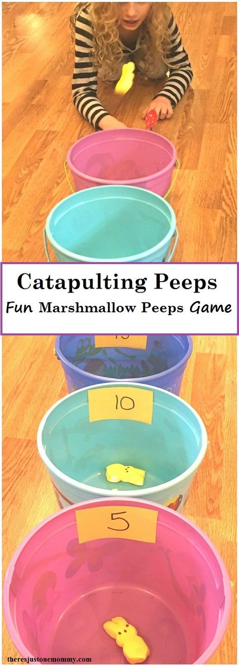 Catapulting Peeps: simple DIY Easter game; marshmallow Peeps activity Diy Easter Games, Easter Stem Activities, Easter Camping, Easter Stem, Easter Games For Kids, Easter Party Games, Marshmallow Peeps, Easter Preschool, Easter Games