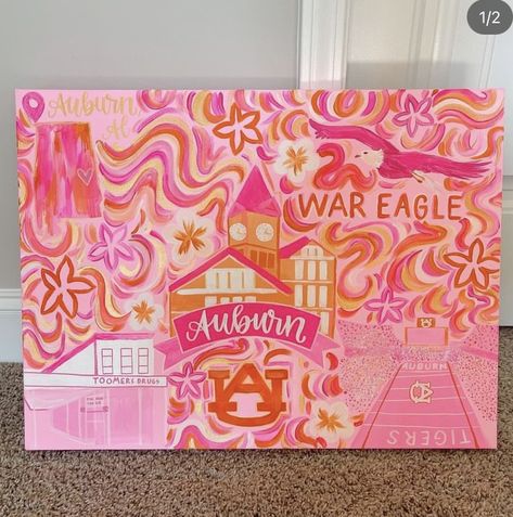 Auburn Preppy Art, Auburn Canvas Art, Preppy Dorm Room Paintings, Pink And Orange Painting Preppy, Auburn University Preppy, Sorority House Painting, College Paintings Dorm Room, College Aesthetic Painting, Preppy College Canvas Painting