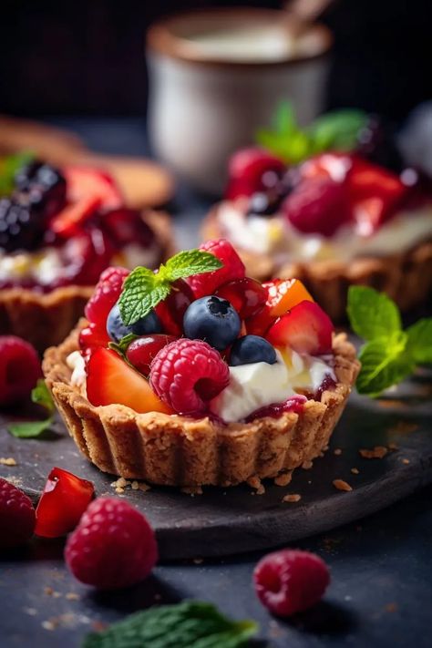 Fruit tarts Fruit Tart Aesthetic, Fruit Tart Photography, Pictures Of Food, Fruit Tarts, Food Pics, Fruit Tart, Food Images, Edible Flowers, Food Photo