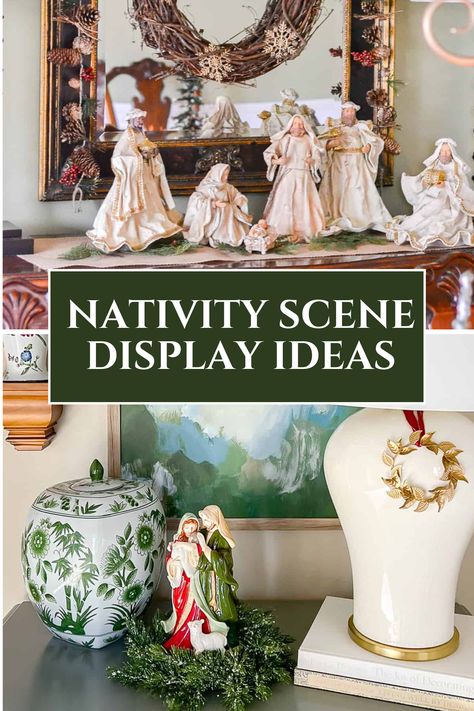 Discover creative and meaningful ways to display your Nativity scene this Christmas! From mantel arrangements to tabletop decor, find ideas to showcase the true spirit of the season in your home. Nativity Set Under Tree, Nativity Table Displays, Ideas For Nativity Display, Nativity Scene On Dining Room Table, Unique Nativity Scene, Mantel Nativity Scene Display, How To Display A Nativity Scene, Tabletop Nativity Scene Display Ideas, Christmas Entryway Table Decor Nativity