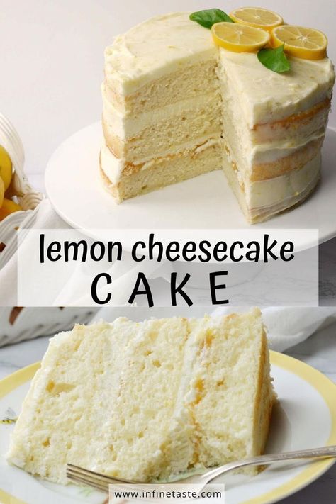 whole cake with slice missing and title in center Lemon Cheesecake Cake, Lemon Cheesecake Filling, Baking Cheesecake, Cake With Lemon Curd, Cheese Cake Filling, The Best Cakes, Lemon Cheesecake Recipes, Dessert Oreo, Moist Vanilla Cake