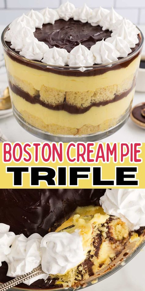 Boston Cream Pie Trifle is a fun twist on the classic custard-filled New England cake, made with layers of soft cake cubes, creamy pudding, and smooth chocolate ganache. This hassle-free dessert takes half the time and effort to cook as its cream pie counterpart. Boston Cream Pie Trifle Easy, Brunch Trifle Recipe, Long John Recipe Desserts, Quick And Easy Trifle, Vanilla Cake Trifle, Boston Cream Trifle Easy, Chocolate Trifle Cake, Boston Cream Pie Desserts, Truffle Dessert Recipes