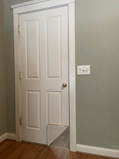 Bedroom Door With Dog Door, Interior Pet Doors, Kitty Door Ideas, Cat Door To Garage, Corner Cat Door, Cat Door For Bedroom, Cat Door Bedroom, Cat Door Corner Of Door, Cat Doors In Door