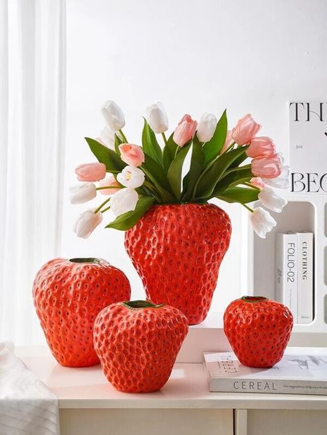 Cute Vase Designs, Unique Vases For Flowers, Fun Vases, Fake Flowers Decor, Vase Project, Strawberry Decor, Ceramics Vase, Cheap Vases, Strawberry Shortcake Birthday