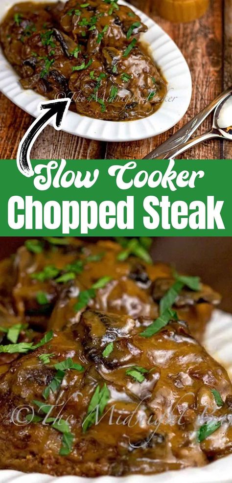 Looking for easy summer slow cooker recipes? You will love this super simple chopped steak recipe that you can make anytime. It's easy to make by just dumping the ingredients into your crock pot. It's an easy summer crockpot recipe made with pantry ingredients. Salsbury Steak Crockpot, Slow Cooker Steak Recipes, Hamburger Crockpot Recipes, Chopped Steak Recipes, Cube Steak Crock Pot Recipes, Summer Slow Cooker, Salisbury Steak Crockpot, Summer Crockpot, Summer Slow Cooker Recipes