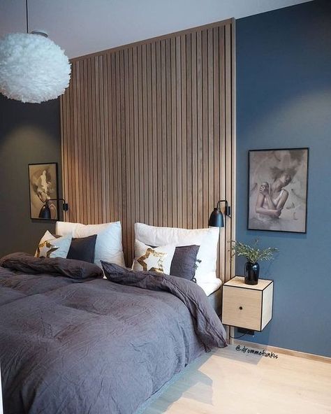 Blue Headboard, Bedroom Wall Designs, Dekorasi Kamar Tidur, Wooden Slats, Blue Bedroom, Main Bedroom, Contemporary Bedroom, Minimalist Bedroom, Wooden Wall