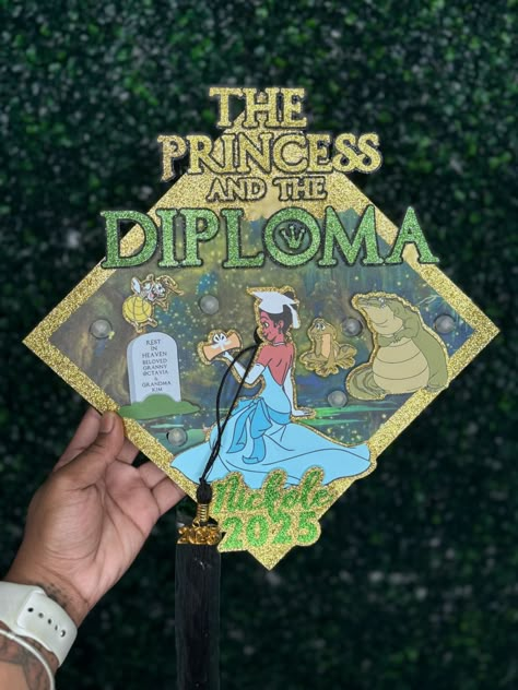 Custom Princess & Dipolma graduation cap topper. Name and Grad Year can be added to the cap, this is a physical product. Cap can be done with or without GRAVESTONE. Summer Walker Graduation Cap, Boujee Graduation Cap, Lpn Cap Decoration Graduation, Princess And The Frog Cap Decoration, High School Graduation Cap Designs Funny, Graduation Cap Headband Hack, Princess Tiana Grad Cap, Inside Out Graduation Cap, Nursing Caps Graduation