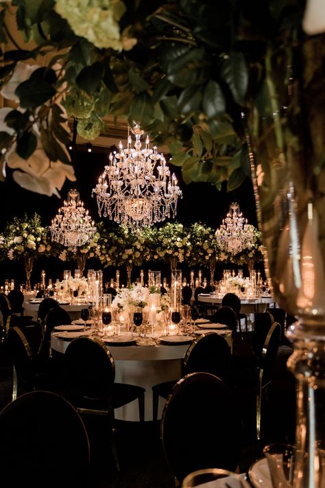 Wedding Decor Chandelier, Table Sets For Wedding, Black Chandelier Wedding Decor, Hotel Venue Wedding, Dark Luxe Wedding, Chandelier With Candles, Black Dancefloor Wedding, Wedding With Chandeliers, Old Hollywood Glam Wedding Theme