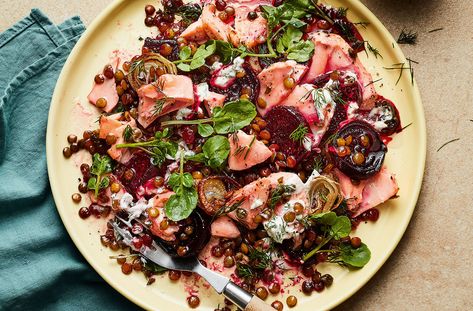 Roasted Salmon, Lentil & Beetroot Salad Recipe | Waitrose & Partners Beetroot Salmon, Salmon Lentils, Horseradish Dressing, Fresh Pasta Sauce, Beetroot Recipes, Pacific Place, Beetroot Salad, Warm Salad, Frozen Seafood