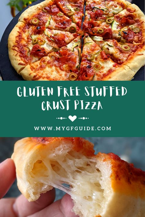 Gluten Free Stuffed Crust Pizza - My Gluten Free Guide Gluten Free Pizza Crust Recipe, Gluten Free Pizza Recipes, Stuffed Crust Pizza, Gluten Free Doughnuts, Gluten Free Pizza Dough, Stuffed Crust, Gluten Free Guide, Gluten Free Pizza Crust, Instant Pot Soup Recipes