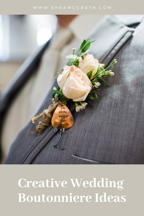 Fish hook boutonniere, fishing wedding ideas #coloradoweddingphotographer #sheamcgrathphotography #fishhookboutonniere #boutoniniereideas #fishingwedding #fishingthemedwedding Fishing Wedding Boutonniere, Fishing Boutonniere Wedding Ideas, Fishing Themed Boutonniere, Fishing Boutineer Ideas, Fish Hook Boutonniere, Fish Themed Wedding, Wedding Fishing Theme, Fishing Bouquet, Fishing Wedding Ideas