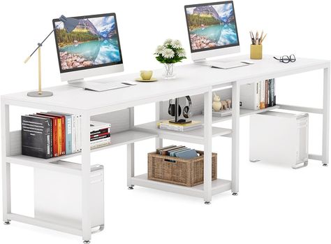 Amazon.com: Tribesigns Two Person Desk with Bookshelf, 78.7 Computer Office Double Desk for Two Person, Rustic Writing Desk Workstation with Shelf for Home Office (Black) : Home & Kitchen Office Double Desk, Desk For Two People, Rustic Writing Desk, Desk With Bookshelf, Two Person Desk, Desk For Two, Low Bookshelves, Home Office White, Double Desk