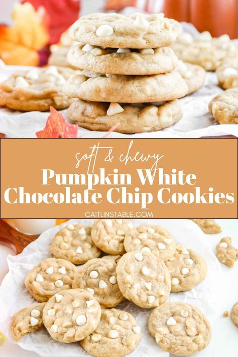 If you need easy pumpkin dessert recipes, bake these homemade pumpkin white chocolate chip cookies! Baked with a cozy and simple blend of pumpkin spice and creamy white chocolate, these pumpkin cookies have a soft, moist inside with crispy edges. These chocolate desserts are perfect for fall, Halloween, Thanksgiving and a crowd! Find these homemade pumpkin white chocolate chip cookies and more easy pumpkin dessert recipes on the blog. White Pumpkin Desserts, Pumpkin Oatmeal White Chocolate Chip Cookies, Pumpkin With White Chocolate Chips, Fall White Chocolate Chip Cookies, Pumpkin White Chip Cookies, Pumpkin Cookies With White Chocolate, Pumpkin Cookies With White Chocolate Chips, White Chocolate Pumpkin Cookies, White Pumpkin Recipes