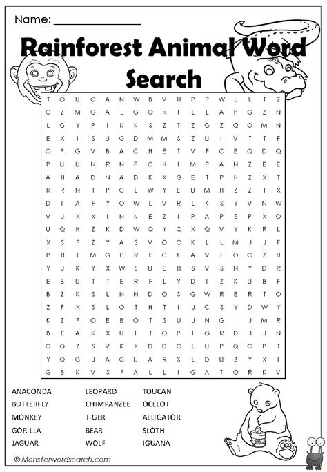 nice Rainforest Animal Word Search Rainforest Worksheets, Animal Word Search, Rainforest Project, Rainforest Activities, Free Printable Word Searches, Rainforest Habitat, Rainforest Theme, Summer Camp Activities, Animal Worksheets