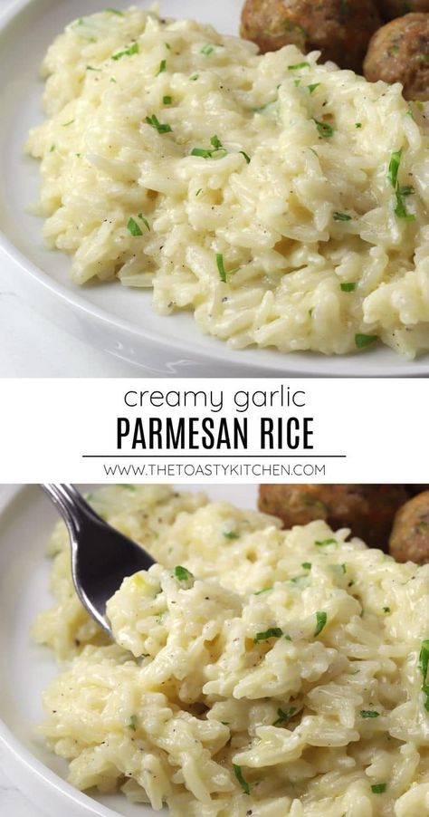 Garlic parmesan rice recipe by The Toasty Kitchen. Garlic parmesan rice is a simple side dish that turns out perfectly creamy and cheesy. This family-friendly side pairs well with many main courses, like chicken, steak, and pork chops. #garlicparmesanrice #cheesyrice #garlicrice #sidedish #ricesidedish #recipe Family Friendly Easy Dinners, Sides To Go With Dinner, Saturday Night Dinner Recipes, Sides Dishes For Potluck, Creamy Garlic Rice Recipes, Recipes With Long Grain Rice, Creamy Rice Recipes Side Dishes, Rice And Noodles Recipes, Simple Meals For Family