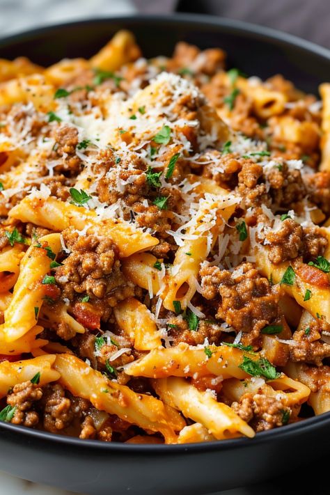 Savor our Ground Beef Pasta recipe, an easy and healthy dinner option. This creamy, cheesy hamburger meat pasta is a one-pot delight. Ideal for those who appreciate quick and easy dinner recipes, find the full Ground Beef Pasta recipe at SimplyCalledFood.com together with other minced beef recipes. Food Recipes Beef Ground Meat, Pasta And Hamburger Recipes Easy Meals, Pasta With Beef Chunks, Pasta Recipes Minced Meat, Minced Meat Recipes Main Dishes, Hamber Meat Dinner Ideas, Pasta And Beef Recipes Simple, Dinner With Minced Meat, Quick Minced Beef Recipes