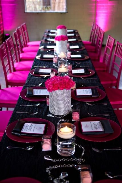 Photo 9 of 16: Hot Pink, Black, White, and Sparkles / Birthday "My Sweet 16" | Catch My Party Hot Pink Birthday Party, Sparkle Birthday Party, All Black Party, Hot Pink Birthday, Black Party Decorations, Sparkle Birthday, Princess Theme Birthday Party, Pink Birthday Party, Deco Rose