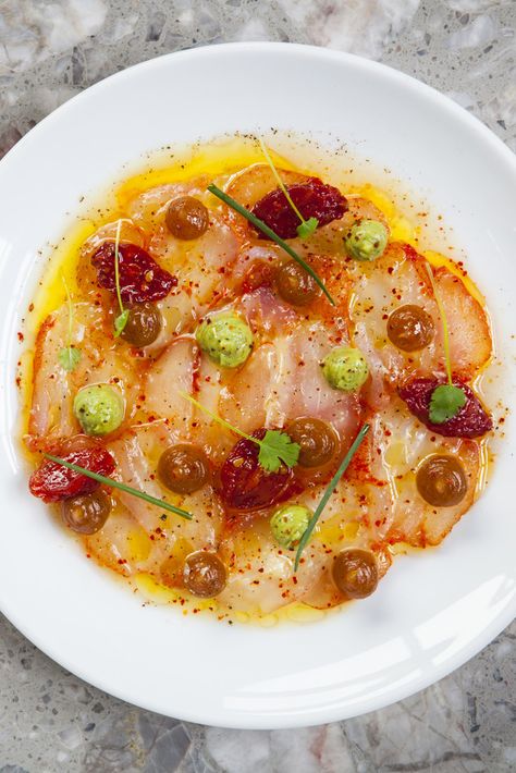 Cured Fish Recipe, Monkfish Recipe, Cured Fish, Confit Tomatoes, Raw Fish Recipes, Fish Appetizers, Monkfish Recipes, Avocado Mousse, Raw Fish