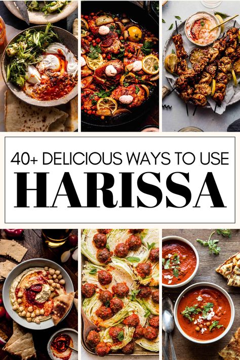 Spice up your meals with these 40+ Harissa Recipes! Harissa is a versatile North African chili paste that adds depth, flavor, and just the right amount of heat to a wide range of dishes. If you're a fan of spicy foods or looking to experiment with new flavors, you're going to love using harissa paste.  Discover how well it pairs with cozy soups, grilled meats, roasted vegetables and more! North African Vegetable Recipes, Harissa Paste Uses, Harissa Recipes Dishes, Rose Harissa Recipe, Harissa Uses, Harrisa Paste Recipes, Harissa Sauce Recipes, Recipes Using Harissa, Recipes With Harissa