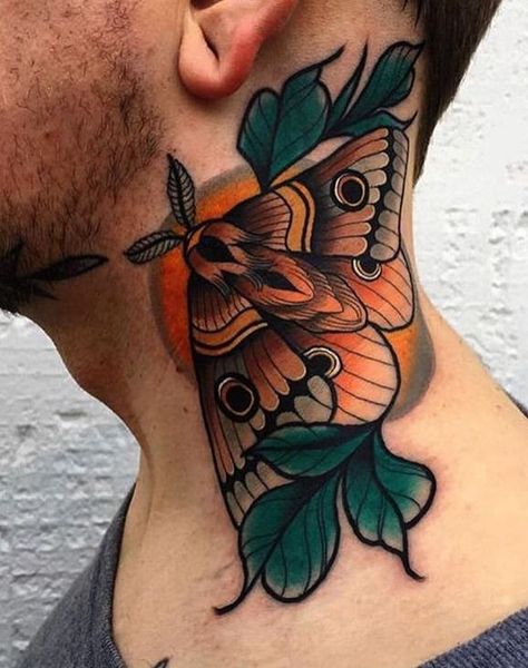 Traditional Tattoo Neck, Flower Neck Tattoo, Butterfly Neck Tattoo, Moth Tattoo Design, See Tattoo, Neo Tattoo, Throat Tattoo, Dibujos Tattoo, Neck Tattoos Women